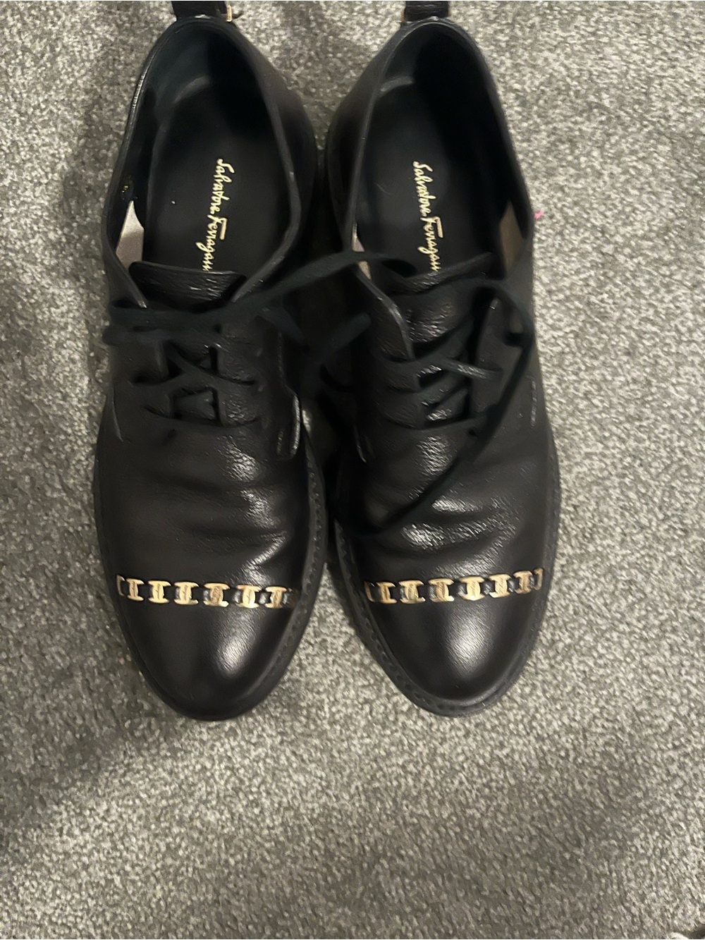 Salvatore Ferragamo Black Leather Lace-Up Oxfords with Gold Chain Accent